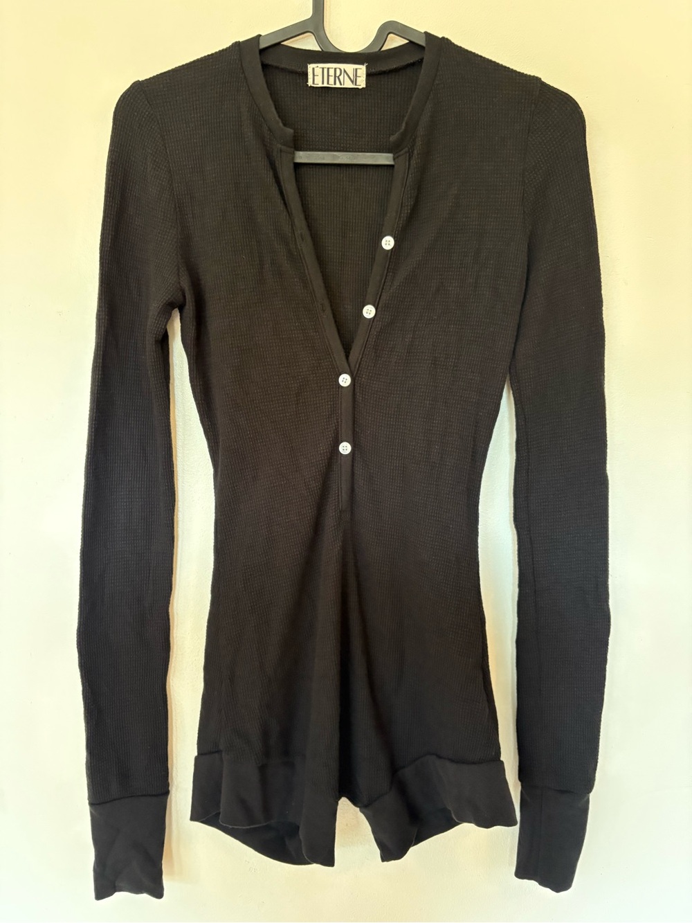 ÉTERNE Thermal Romper Waffle Onesie Black Long Sleeve Button Front Size XS